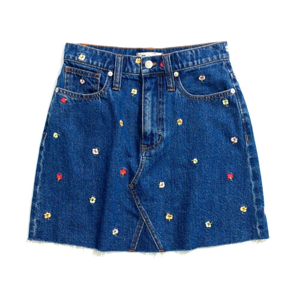 Madewell Rigid Blue Denim A-Line Mini Skirt Floral Embroidered, size 26